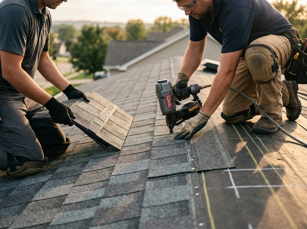 Professional roofer working on a residential roof in Annapolis Neck